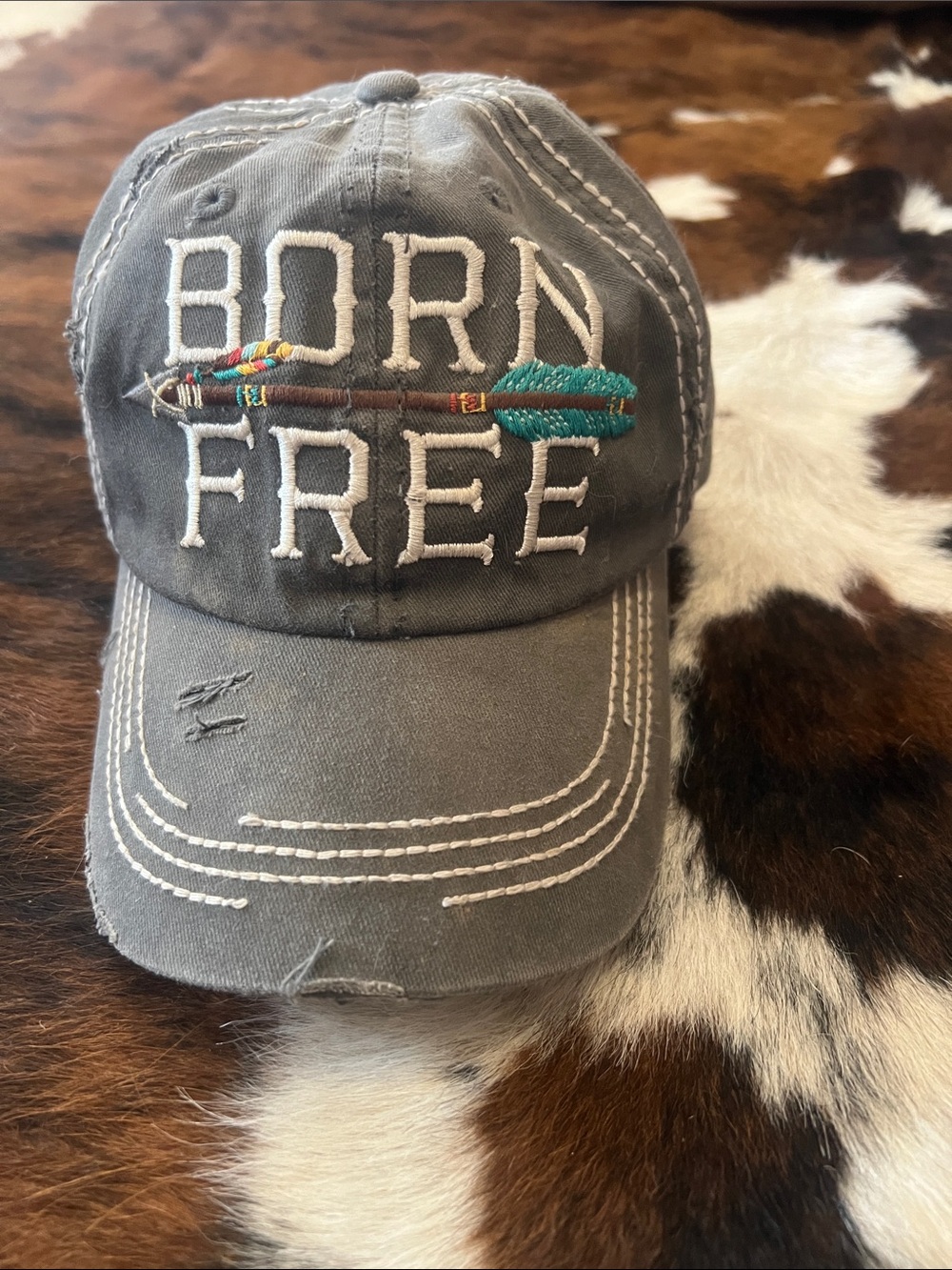 Born Free Embroidered Arrow Baseball Cap - Gray with Teal Accent